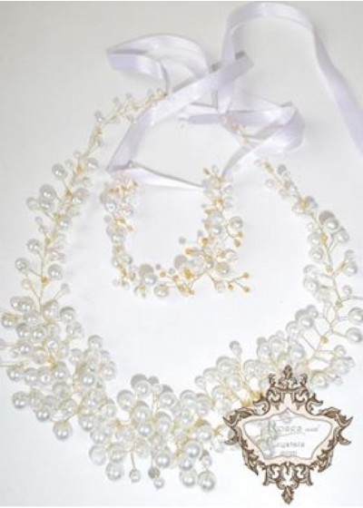 Дизайнерска диадема и гривна за сватба с перли и кристали Gold in Snow Magic
